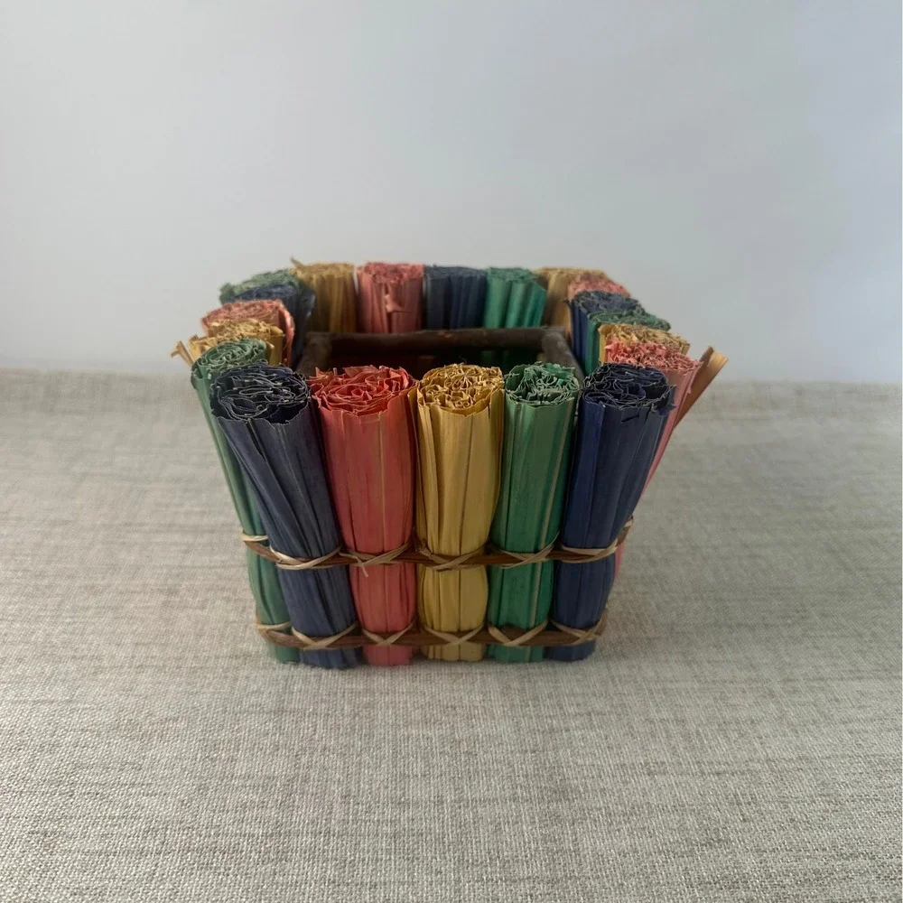 Handmade Woven Twig Planter Cachepot w/ Colorful Palm Leaf Accents